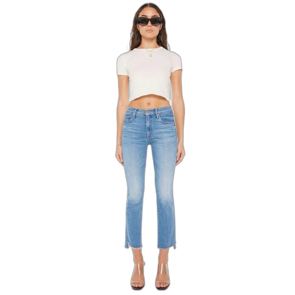 $268 Mother Insider Crop Step Fray Kick Flare Jeans Hold My Hand Light Blue 25